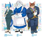 alternate_costume anthro bottomwear bowing brown_body brown_fur clothed clothing clothing_swap crossdressing eyewear female fur glasses group male muscular muscular_anthro muscular_male skirt trio white_body white_fur mijinko mijinkoooknijim lifewonders tokyo_afterschool_summoners melusine_(tas) snow_(tas) xolotl_(tas) canid canine canis dobermann domestic_dog felid humanoid lion mammal pantherine pinscher