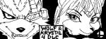 1-bit anthro black_nose duo eye_patch eyewear female fur hair jewelry male sharp_teeth short_hair smile teeth text viviwv miiverse nintendo star_fox super_smash_bros. krystal_(star_fox) wolf_o'donnell canid canine canis fox mammal wolf black_and_white low_res monochrome