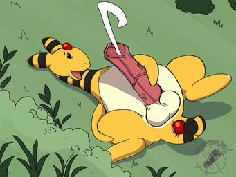 anal anal_penetration animal_genitalia animal_penis anus autopenetration balls bodily_fluids cum equine_genitalia equine_penis genital_fluids genitals looking_pleasured male masturbation orgasm pear-shaped_figure penetration penis pink_anus plant shrub solo spread_legs spreading stripes underbelly vein veiny_penis wide_hips yellow_body speence_(artist) nintendo pokemon ampharos generation_2_pokemon pokemon_(species) 2026 4:3 hi_res