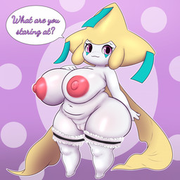 areola biped breasts dialogue female genitals legband looking_at_viewer nipples not_furry pupils short_stack smile solo speech_bubble text thick_thighs thighband three-quarter_view vulva white_body pandashorts nintendo pokemon generation_3_pokemon humanoid jirachi legendary_pokemon pokemon_(species) hi_res