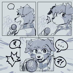 5_fingers anthro black_body black_fur black_nose blush blush_lines cheek_tuft clothed clothing ear_piercing electronics expressions eyes_closed facial_tuft female fingers floppy_ears fur gold_(metal) gold_jewelry head_tuft holding_microphone holding_object jacket jewelry light_topwear looking_at_viewer microphone multicolored_body multicolored_fur noticing open_mouth piercing scarf simple_background solo sparkles sparkling_eyes speech_bubble text tongue topwear tuft white_body white_fur conditional_dnp sonokido ventura_city_drifters background_character lucy_adams border_collie canid canine canis collie domestic_dog herding_dog mammal pastoral_dog sheepdog 2025 comic digital_drawing_(artwork) digital_media_(artwork) hi_res monochrome shaded simple_shading