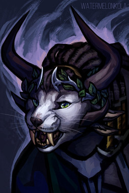 anthro brown_hair clothed clothing dreadlocks fangs female fur green_eyes hair open_mouth simple_background solo teeth text whiskers white_body white_fur kolaa guild_wars charr felid mammal artist_name hi_res