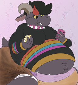 anthro bodily_fluids cake clothing collar dessert diaper eating electronics excessive_feces feces food genital_fluids hoodie hyper hyper_feces hyper_soiling male overweight overweight_male phone soiled_diaper soiling solo topwear unclean_diaper urine used_diaper weight_gain wet_diaper wetting steelshark innocentenough inno_(innocentenough) bovid caprine goat mammal hi_res