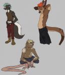 anthro belt bulge clothed clothing crouching digitigrade eyes_closed grey_background hand_in_pocket hands_in_both_pockets looking_away male midriff navel open_mouth pockets simple_background solo stretching tail topless yawn skunkjunkie adrian_skunk anthony_(skunkjunkie) vincent_(skunkjunkie) kangaroo macropod mammal marsupial mephitid murid murine rat rodent skunk hi_res multiple_images