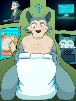anthro blush clean_diaper clothed clothing computer diaper electronics fur grey_body grey_fur male multicolored_body simple_background solo two_tone_body wearing_diaper psycheapple beastars jack_(beastars) legoshi_(beastars) bird_dog canid canine canis domestic_dog hunting_dog labrador mammal retriever wolf absurd_res cel_shading hi_res shaded