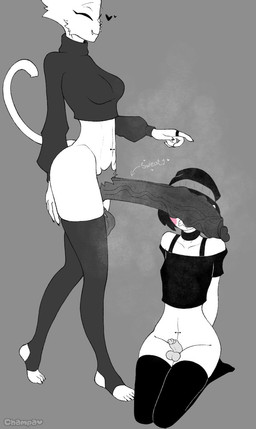 anthro beanie big_penis biped black_choker black_claws black_clothing black_jewelry black_legwear black_necklace black_sweater black_thigh_highs black_topwear blush bottomless choker claws clothed clothing cropped_sweater dark_penis directional_arrow erection eyes_closed genitals grey_background gynomorph hair hat headgear headwear heart_symbol huge_penis intersex intersex/intersex jewelry kneeling legwear monotone_background musk musk_cloud navel navel_piercing necklace penis piercing pubes ring short_hair simple_background smile standing sweater text thigh_highs topwear champaanimation kanny_chum felid feline human mammal hi_res watermark