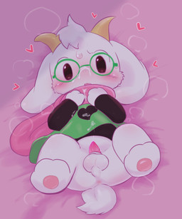 anthro anus balls blush bodily_fluids bottomless clothed clothing cum cum_on_clothing cum_on_face cum_on_own_face cum_on_self eyewear fur genital_fluids genitals glasses green_clothing green_shirt green_topwear heart_symbol horn male musk penis perineum pink_background pink_scarf scarf shirt simple_background small_penis solo sweat tapering_penis topwear white_body white_fur young young_anthro badwingm deltarune undertale undertale_(series) ralsei bovid caprine darkner mammal 2021 hi_res