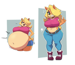 anthro belly big_belly big_breasts blonde_hair bottomwear breasts clothing denim denim_bottomwear denim_clothing female green_eyes hair huge_belly hyper hyper_belly jeans morbidly_obese obese overweight pants pink_clothing pink_shirt pink_topwear shirt solo topwear aplefrit activision crash_bandicoot_(series) tawna_bandicoot bandicoot mammal marsupial
