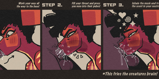 afro anthro balls blush bodily_fluids close-up duo eyeliner genitals makeup male markings mind_break musk neck_bulge oral oral_penetration penetration penis pubes saliva saliva_on_penis solo_focus text areye_(artist) lo-lo_(areye) giraffid mammal okapi absurd_res comic english_text hi_res gynomorph_(lore) nonbinary_(lore) trans_(lore)