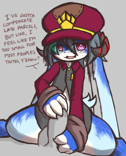 ambiguous_focus ambiguous_gender anthro blue_body blue_fur blue_hair blush bottomless bottomless_ambiguous clothed clothing curled_horn dialogue duo floppy_ears fur genitals grey_hair hair handjob hat headgear headwear horn kemono larger_male long_ears lop_ears male male/ambiguous multicolored_body multicolored_fur multicolored_hair pantsless penile penis penis_grab red_eyes sex shortstack simple_background size_difference solo_focus text uniform white_body white_fur cathypalug mythology dragon hybrid lagomorph leporid mammal mythological_creature mythological_scalie rabbit scalie english_text hi_res andromorph_(lore)