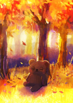 autumn brown_body brown_fur chibi detailed_background eyes_closed fur outside plant sitting sleeping solo tree araru bear mammal 2020 absurd_res hi_res