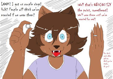 anthro blue_eyes bodily_fluids brown_body brown_fur brown_hair clothing crazy_eyes female fur hair hair_between_eyes looking_at_viewer multicolored_ears open_mouth purple_clothing purple_shirt purple_topwear ring scary sharp_teeth shirt short_hair silver_ring solo sweat talking_to_viewer teeth text topwear yandere unawarey claire_(unawarey) domestic_cat felid feline felis mammal digital_media_(artwork) english_text microsoft_paint_(artwork)