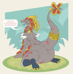3_toes ambiguous_gender anthro blush blush_lines border claws cuff_(restraint) dialogue diaper dotted_background facial_piercing feet finger_claws flirting flirting_with_viewer furgonomic_piercing furgonomics gold_scales golden_claws grey_body grey_tail jewelry kneeling looking_back necklace nose_piercing nose_ring open_mouth pattern_background piercing plant red_body red_scales restraints ring_piercing scales simple_background solo speech_bubble tail tail_cuff tan_border teeth text toe_claws toes bubblepuppers nintendo pokemon animate_inanimate diaper_creature generation_7_pokemon kommo-o pokemon_(species) english_text hi_res