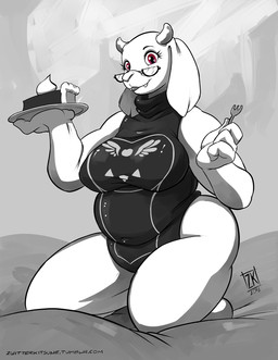 anthro clothed clothing cutlery delta_rune_(emblem) dessert eyelashes eyewear fangs female food fork glasses holding_food holding_object kitchen_utensils looking_at_viewer pastry pie solo symbol teeth thick_thighs tools zwitterkitsune undertale undertale_(series) toriel boss_monster_(undertale) bovid caprine mammal 2016