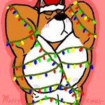 abs anthro arms_above_head blush christmas_clothing christmas_headwear christmas_lights clothing eyes_closed flexing flexing_muscles hands_behind_head hat headgear headwear holidays large_pecs male muscular muscular_arms muscular_male nipples nude_anthro nude_male santa_hat solo wrapped_in_lights mars_zero animal_crossing christmas nintendo copper_(animal_crossing) 1:1 hi_res