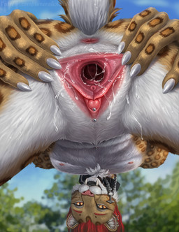 5_fingers andromorph anthro anus areola big_clitoris bodily_fluids brown_body brown_fur butt cervix cervix_view claws clitoral_hood_piercing clitoris close-up collar collar_only ear_piercing fingers fur genital_fluids genital_piercing genitals hair internal intersex looking_at_viewer markings mjolnir_necklace navel nipples nude open_mouth orange_eyes piercing pink_anus pink_areola pink_nose pink_vulva presenting presenting_cervix presenting_vulva pupils red_hair ring_piercing slit_pupils solo spots spotted_body spotted_fur spread_legs spread_vulva spreading standing tail urethra vaginal_fluids vulva vulva_piercing white_body white_claws white_fur himeragoldtail ashnu felid mammal prehistoric_species saber-toothed_tiger hi_res