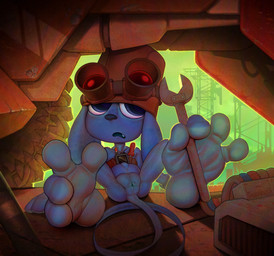 4_toes ambiguous_gender anus anus_only barefoot belly blue_body cable eyewear feet foot_fetish foot_focus gesture goggles hand_feet hand_gesture headgear holding_object humanoid_feet looking_aside machine mostly_nude navel open_mouth plantigrade pointing sitting soles solo spread_legs spreading tail toes tool_belt tools shugariosa alien haplorhine mammal monkey primate hi_res