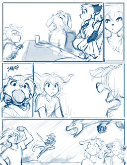 anthro armor barefoot cheek_tuft chest_tuft clothed clothed_anthro clothed_female clothed_male clothing container cup dipstick_ears dressing ear_markings eating facial_tuft feet female fight furniture group holding_melee_weapon holding_object holding_sword holding_weapon male melee_weapon multicolored_ears open_mouth plate shirt sitting size_difference standing sword table topwear trio tuft weapon wide_eyed conditional_dnp tom_fischbach mythology twokinds evals madelyn_adelaide mike_(twokinds) basitin canid canine canis domestic_dog dragon fox keidran mammal mythological_creature mythological_scalie scalie 2026 blue_and_white comic monochrome sketch