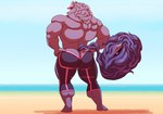 anthro back_muscles beach big_butt big_muscles butt clothing fur hat headgear headwear horn huge_muscles male muscular muscular_anthro muscular_male purple_body purple_fur rear_view seaside solo visor_cap wetsuit silver-stag lifewonders tokyo_afterschool_summoners bathym_(tas) canid canine canis demon mammal wolf hi_res