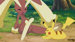 black_body black_fur brown_body brown_fur cloud eyes_closed female feral fur generation_1_pokemon generation_4_pokemon hi_res lagomorph lopunny male mammal nintendo open_mouth pikachu pink_eyes pokemon pokemon_(species) potateymatey rodent smile yellow_body yellow_fur