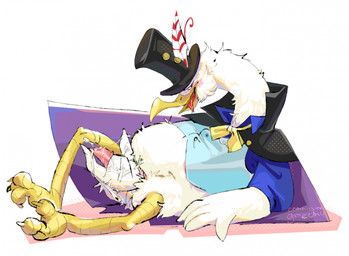 anthro beak belly bodily_fluids bow_tie cloak clothed clothing cum cum_on_hand ejaculation erection feather_hands feathers genital_fluids genitals hat headgear headwear lying male masturbation on_side penis solo tapering_penis tongue tongue_out top_hat topwear vest grech4 one_piece morgans_(one_piece) albatross avian bird procellariiform digital_media_(artwork) hi_res