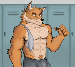 abs anthro athletic_wear barazoku biceps big_muscles bulge clothing eyebrows fluffy gesture hand_gesture locker male multicolored_body muscular pawpads paws pecs pointing pointing_at_self serious serious_face solo towel two_tone_body underwear elhaz otake canid canine canis domestic_dog mammal werecanid werecanine werecreature absurd_res hi_res