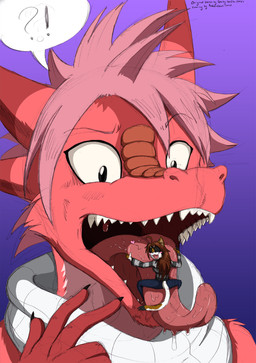 anthro black_body black_fur blush bodily_fluids bottomwear brown_body brown_eyes brown_fur clothed clothing dialogue drooling duo exclamation_point eyes_closed female fur heart_symbol hug imminent_vore interrobang male on_tongue open_mouth pants purple_background question_mark red_body red_scales saliva scales sharp_teeth shirt simple_background size_difference smile speech_bubble tail teeth text tongue tongue_out topwear vore white_body white_fur incredibleediblecalico fairy_tail mythology fan_character gen_the_calico natsu_dragneel domestic_cat dragon felid feline felis mammal mythological_creature mythological_scalie scalie 2013 english_text hi_res