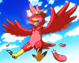anthro blush bodily_fluids cum day ejaculation eyewear feathers foreskin genital_fluids genitals goggles humanoid_genitalia humanoid_penis male nude outside penis red_body red_feathers retracted_foreskin sky solo young young_anthro young_male nakayan avian bird 5:4 hi_res