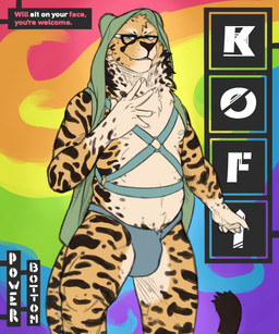 anthro blue_eyes bulge claws clothed clothing fur harness jockstrap looking_at_viewer male markings nipples power_bottom simple_background smile solo spots spotted_body spotted_fur standing underwear icecreamdraws kofi_(kofithechee) cheetah felid feline king_cheetah mammal 5:6 absurd_res digital_media_(artwork) hi_res