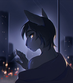 ambiguous_gender anthro city city_background cityscape clothed clothing exposed_shoulder looking_out_window rear_view solo frenky_hw taro_(frenky_hw) felid feline mammal bust_portrait portrait
