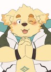 anthro belly blush fur looking_at_viewer male one_eye_closed overweight overweight_male scarf smile solo wink yellow_body yellow_fur penguin0700 lifewonders tokyo_afterschool_summoners cu_sith_(tas) bird_dog canid canine canis domestic_dog golden_retriever hunting_dog mammal retriever absurd_res hi_res