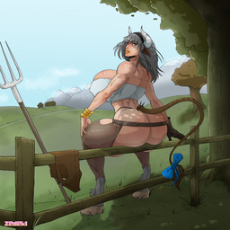 accessory big_breasts big_butt bow_(feature) bow_accessory bow_ribbon bracelet breasts butt chaps female fence furgonomics grass grey_hair hair hair_accessory hairband hooves horn huge_breasts jewelry lips mountain outside pitchfork plant ribbons sitting sky solo tail tail_accessory tail_bow tail_ribbon thick_lips tools tree zedeki animal_humanoid bovid bovid_humanoid bovine bovine_humanoid cattle_humanoid horned_humanoid humanoid mammal mammal_humanoid tailed_humanoid 1:1 2020 hi_res