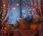 anthro autumn bedding blanket clothing collar decoration dessert food fur grey_body grey_fur hair hanging_stars hot_beverage jack-o'-lantern lgbt_pride male pastry pie plushie pride_color_accessory pride_color_collar pride_colors pumpkin_pie rainbow_collar rainbow_pride_colors rainbow_symbol raining relaxing rounded_star_polygon six-stripe_rainbow_pride_colors solo star star_decoration star_polygon steam string_lights sweater topwear two_color_fur white_body white_fur white_hair window_seat cordiale dante_kinkade canid canine canis inanimate_object mammal wolf absurd_res hi_res