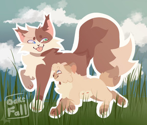 ambiguous_gender blep brown_body brown_fur day duo feral fur grass plant sky smile tan_body tan_fur tongue tongue_out toony walking young 11oaksfall11 warriors_(book_series) fan_character domestic_cat felid feline felis mammal hi_res