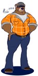 animal_ears animal_nose anthro bear_ears belly belt blue_bottomwear blue_clothing blue_pants bottomwear brown_body clothed clothing denim denim_bottomwear denim_clothing dress_shirt flannel footwear forearms fur holding_hips jeans larger_male looking_at_viewer male mouth_closed muscular muscular_male obscured_eyes orange_clothing orange_shirt orange_topwear overweight overweight_male pants pecs pockets pose shadow shirt shoes simple_background size_difference slightly_chubby smile sneakers solo text topwear trucker trucker_hat white_clothing white_shirt white_topwear yellow_belt_buckle maebert bear mammal