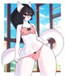 anthro bite biting_lip black_eyes black_hair blush bra clothed clothing crossdressing femboy fur hair heart_symbol lingerie long_hair looking_at_viewer makeup male panties pink_clothing ponytail smile smiling_at_viewer solo tail underwear white_body white_fur shudayuda mercy_(suelix) domestic_cat felid feline felis mammal absurd_res hi_res