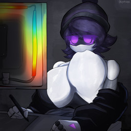 alternate_breast_size alternative_fashion bare_shoulders beanie belly big_breasts black_beanie black_body black_clothing black_hat black_headwear black_hoodie black_topwear blank_expression breast_play breast_suck breastfeeding breasts casual_exposure chair clothed clothing computer computer_monitor desk drawing_(action) drawing_tablet earless electronics emo female female_humanoid furniture glowing grey_body hair half-closed_eyes hand_on_desk hat headgear headwear hoodie huge_breasts machine metal metallic_body narrowed_eyes non-mammal_breasts noseless office_chair on_chair one_breast_out open_clothing open_topwear purple_eyes purple_hair rgb_lighting screen screen_face segmented_body self_suckle short_hair simple_background sitting sitting_on_chair solo sucking suckling table tablet tablet_pen text topless topless_female topless_humanoid topwear unusual_anatomy white_body epokguyz glitch_productions murder_drones titty_sucking_method uzi_(murder_drones) humanoid robot robot_humanoid worker_drone 1:1 artist_name hi_res meme signature