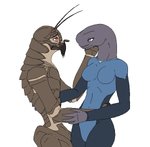 alien big-red breasts brown_body claws clothed clothing crossover district_9 duo female halo_(series) humanoid interspecies love male male/female microsoft open_mouth open_smile prawn_(district_9) purple_eyes romantic romantic_couple sangheili simple_background smile tentacles white_background xbox_game_studios