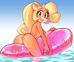 2020 4_fingers activision anthro bandicoot bent_arm blonde_hair breasts butt casual_nudity coco_bandicoot crash_bandicoot_(series) digital_media_(artwork) extended_arm female fingers genitals green_eyes hair inflatable inflatable_ride inflatable_support legs_in_water legs_over_edge long_hair mammal marsupial nude on_pool_toy open_mouth open_smile over_edge partially_submerged phallic ponytail pool_toy pussy shaded skinny_dipping smile solo straddling submerged_legs third-party_edit under_boob wamudraws water