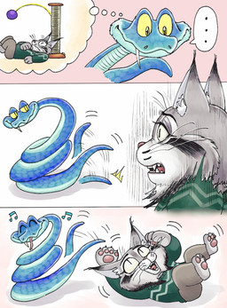 anthro blue_body blue_scales clothing duo feral fur grey_body grey_fur happy male pawpads paws scales sweater thought_bubble topwear shimo_mi_0503 disney zootopia gary_de'snake pawbert_lynxley canada_lynx felid feline lynx mammal pit_viper reptile scalie snake viper comic hi_res