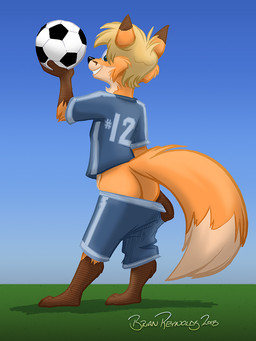 anthro ball black_nose blonde_hair bottomwear bottomwear_down butt clothed clothing fur gloves_(marking) hair leg_markings looking_back male markings mooning orange_body orange_fur partially_clothed rear_view shirt shorts shorts_down smile soccer_ball socks_(marking) solo text text_on_clothing text_on_shirt text_on_topwear topwear young brian_reynolds tycloud canid canine fox mammal 2018 3:4