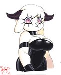 anthro armband big_breasts breasts choker clothing eyelashes female fluffy fluffy_ears fluffy_hair hair horn jewelry latex latex_clothing looking_at_viewer necklace pink_eyes solo panthera_cantus romina_(panthera_cantus) bovid caprine mammal sheep hi_res