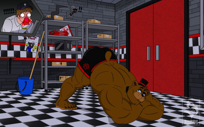 anthro anthrofied ass_up blood bodily_fluids bottomwear camera checkered checkered_floor clothed clothing cutaway detailed_background duo feet guard hat headgear headwear inside jack-o'_pose male male/male muscular muscular_male nosebleed pose shorts smile solo_focus top_hat topless topless_male sondinker_fazbear's five_nights_at_freddy's scottgames freddy_(fnaf) bear human humanoid mammal 16:10 2021 meme widescreen