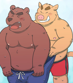 anthro assisted_exposure board bottomwear bottomwear_pull brown_body brown_fur clothing clothing_pull duo embarrassed fur male pants pants_pull pantsing simple_background swimming_trunks swimwear kick_(artist) bear mammal