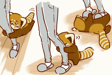anthro biped bottomwear brown_body chibi clothing duo eyes_closed feral lying pants size_difference shi_nominmin ailurid mammal red_panda 2023 hi_res