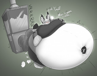 3_fingers 3_toes anthro belly big_belly big_breasts black_nose blush bottomwear breasts clothed clothing dipstick_ears dipstick_tail ear_markings feet female fingers fur grey_body grey_fur grey_hair grey_inner_ear_fluff grey_tongue hair huge_belly hyper hyper_belly inner_ear_fluff markings multicolored_body multicolored_ears multicolored_fur navel open_mouth plushie shirt shorts solo tail tail_markings text toes tongue topwear tuft swatchfodder animate_inanimate felid feline living_plushie lynx mammal english_text hi_res shaded