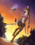 aircraft airship anthro belt clothing digitigrade escape female footwear holding_melee_weapon holding_object holding_sword holding_weapon melee_weapon outside solo sword tail vehicle weapon myenia felid feline mammal serval 2010