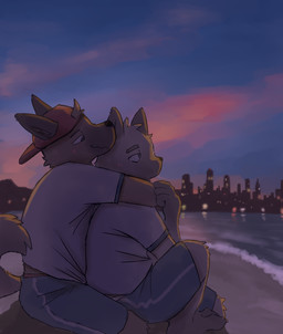 anthro backwards_baseball_cap backwards_hat baseball_cap beach black_nose bottomwear brown_body brown_fur clothed clothing cuddling duo fur hat headgear headwear hug intimate kemono male male/male outside pointy_ears shirt shorts skyline sunset t-shirt tan_body tan_fur topwear moonlycan canid canine canis domestic_cat domestic_dog felid feline felis mammal 2026 hi_res