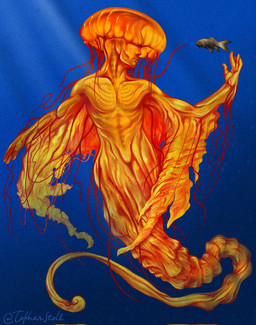 4_fingers ambiguous_gender blue_background collarbone duo feral fingers front_view head_turned looking_at_another male mouth_closed orange_body pose red_body simple_background solo_focus split_form twitter_handle christopher_stoll aquatic cnidarian fish jellyfish medusozoan merfolk 2023 digital_drawing_(artwork) digital_media_(artwork) full-length_portrait hi_res portrait