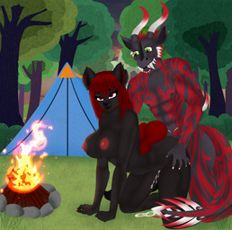 5_fingers abs all_fours ambiguous_penetration anthro anthro_on_anthro anthro_penetrated anthro_penetrating anthro_penetrating_anthro areola arm_spikes bangs bent_legs black_body black_eyebrows black_fur black_nose black_tail bodily_fluids breasts campfire camping cheek_spikes claws collarbone cum cum_inside cum_pooling curved_horn duo elbow_spikes eyebrows eyelashes facial_spikes female female_anthro female_penetrated finger_claws fingers fist forest fur genital_fluids grass green_eyes green_hair grey_sky hair hand_on_leg hand_on_thigh horn inner_ear_fluff interspecies lidded_eyes light long_fangs long_hair looking_pleasured looking_up male male/female male_anthro male_penetrating male_penetrating_female medium_breasts multicolored_body multicolored_horn multicolored_skin muscular muscular_anthro muscular_male nipples non-mammal_nipples nude nude_anthro nude_female nude_male on_ground open_mouth open_smile outside_sex pecs penetration plant red_areola red_body red_claws red_hair red_horn_tip red_inner_ear_fluff red_nipples red_skin red_tail sex sharp_teeth short_hair shrub sky smile smiling_at_another spiked_tail spikes spikes_(anatomy) tail teeth tent tree tuft two_tone_horn white_claws white_horn white_spikes evilangel_art mythology emma_(evilangel_art) lockness canid canine canis dragon mammal mythological_creature mythological_scalie scalie wolf 2024 colored digital_drawing_(artwork) digital_media_(artwork) english_description hi_res lighting shaded